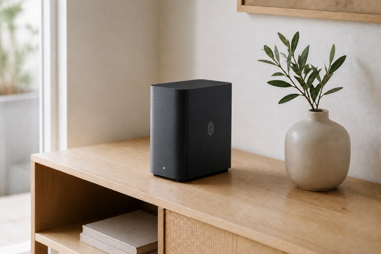 Un Synology BeeStation Plus noir posé sur une console en bois clair dans un intérieur nordique